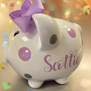 Personalized Medium 7.5”Lilac and silver sparkle polka dot piggy bank,piggy bank for girls,baby’s first bank,piggy bank, piggy bank with bow