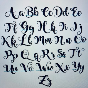 May include: A black and white image of the alphabet in cursive lettering. The letters are arranged in rows, with the uppercase letters on the top row and the lowercase letters on the bottom row.