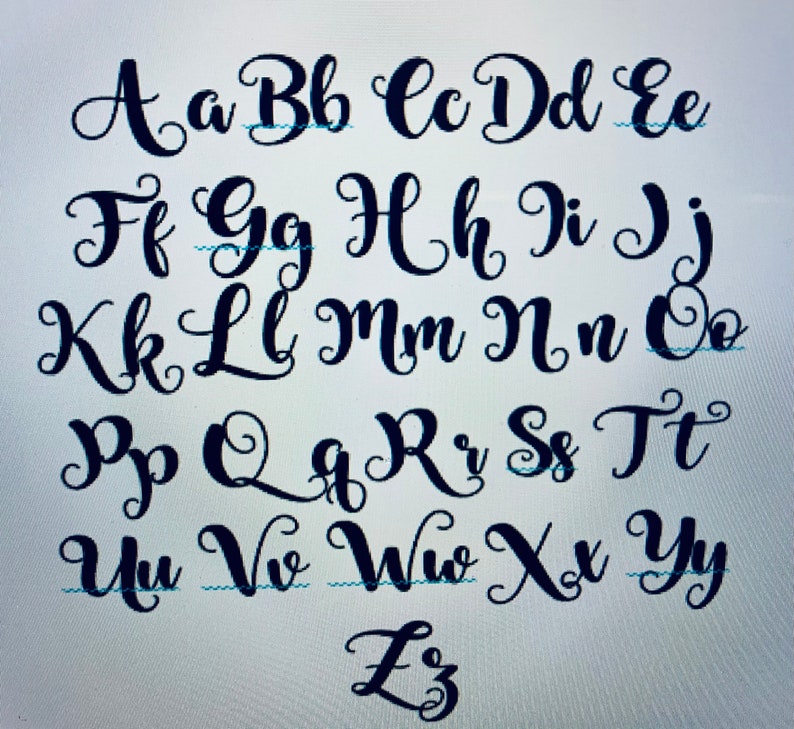 May include: A black and white image of the alphabet in cursive lettering. The letters are arranged in rows, with the uppercase letters on the top row and the lowercase letters on the bottom row.