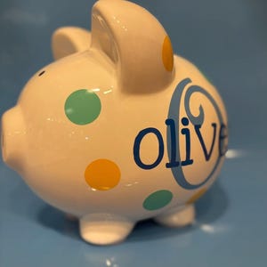 Personalized Piggy Bank: Large 9”Ceramic piggy bank ,Navy and ice Blue Polka Dots or choose colors, piggy bank for boys, Charlie font image 8