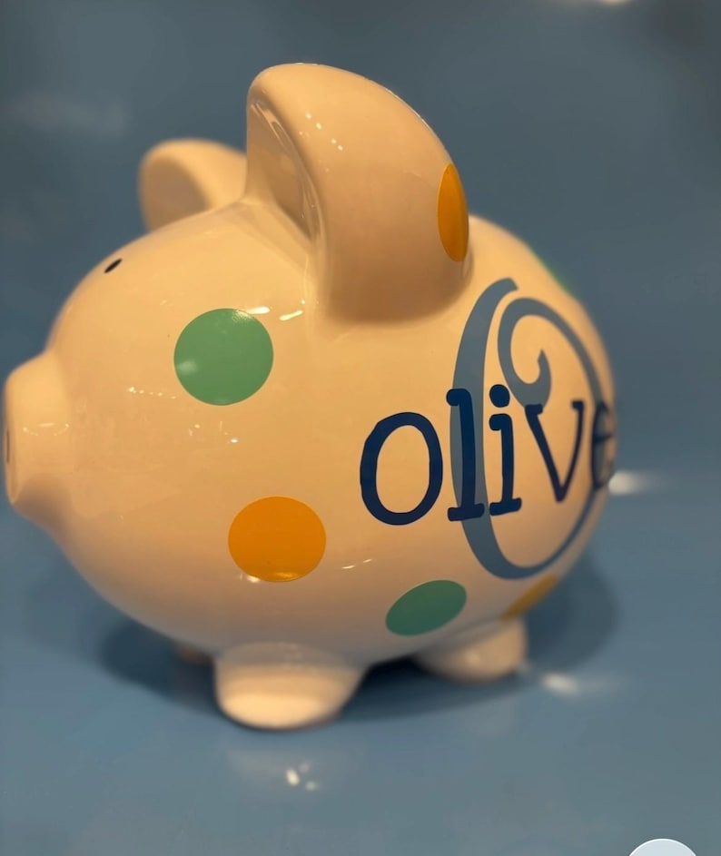 Personalized Piggy Bank: Large 9”Ceramic piggy bank ,Navy and ice Blue Polka Dots or choose colors, piggy bank for boys, Charlie font image 8