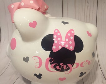 Personalized Large Pink and glitter silver Minnie piggy bank-Minnie piggy bank-piggy bank for girls-girls piggy bank-piggy bank with bow