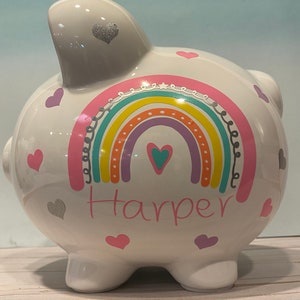 Personalized Large Rainbow and silver sparkle hearts  piggy bank,piggy bank for girls,baby’s first bank,piggy bank,piggy bank rainbow