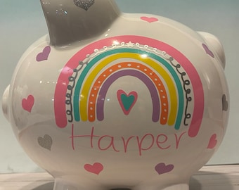 Personalized Large Rainbow and silver sparkle hearts  piggy bank,piggy bank for girls,baby’s first bank,piggy bank,piggy bank rainbow