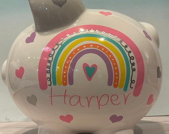 Personalized Large Rainbow and silver sparkle hearts  piggy bank,piggy bank for girls,baby’s first bank,piggy bank,piggy bank rainbow