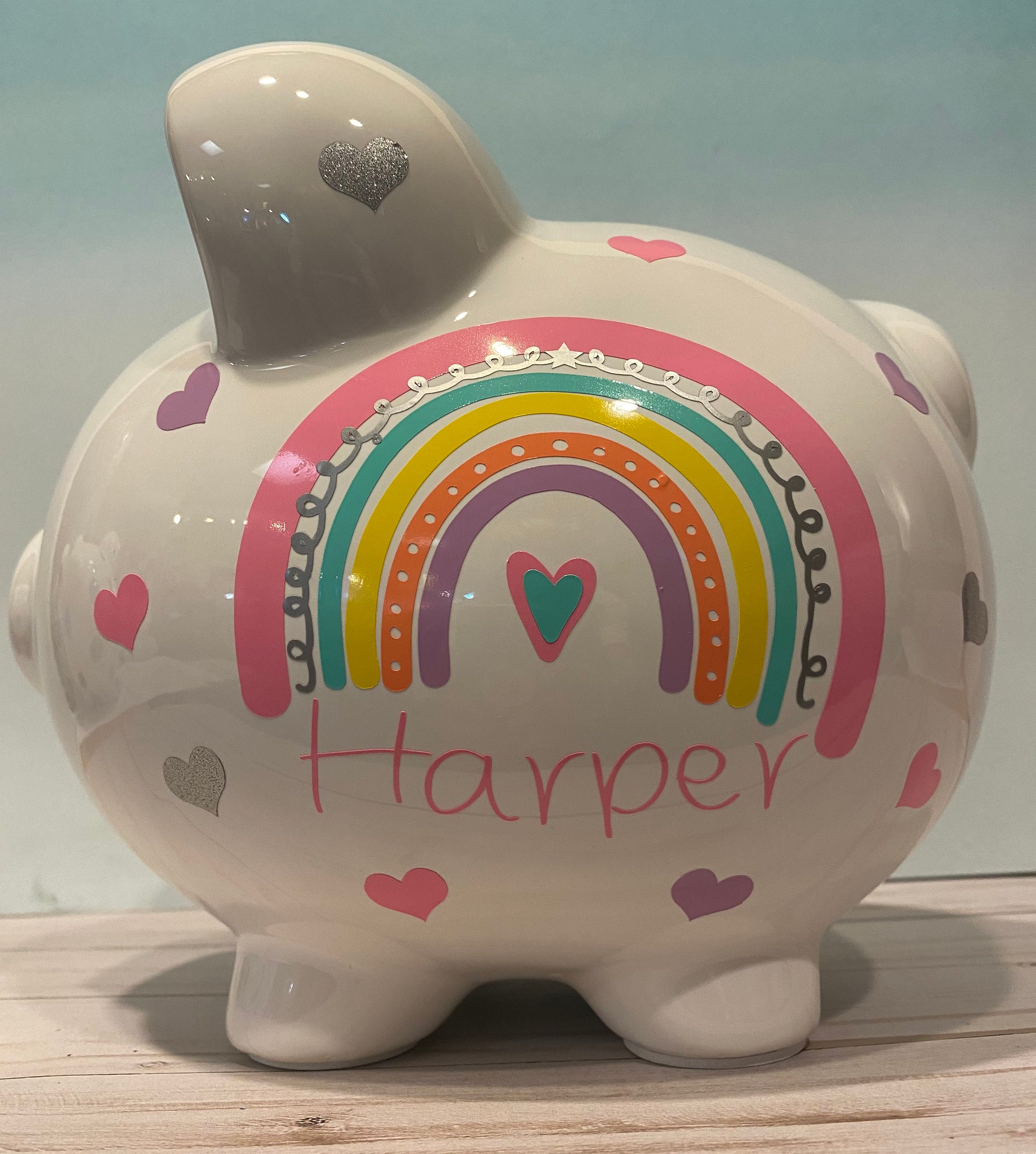 Personalized Large Rainbow and silver sparkle hearts  piggy bank,piggy bank for girls,baby’s first bank,piggy bank,piggy bank rainbow