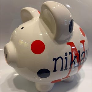 Personalized Piggy Bank: Large 9”Ceramic piggy bank ,Navy and ice Blue Polka Dots or choose colors, piggy bank for boys, Charlie font image 7