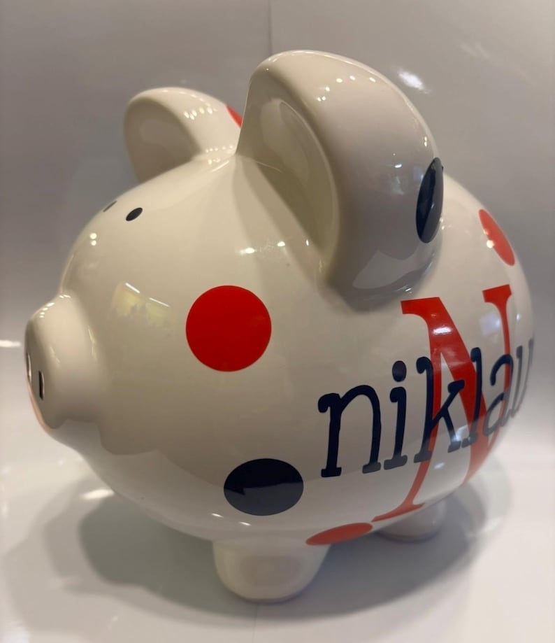 Personalized Piggy Bank: Large 9”Ceramic piggy bank ,Navy and ice Blue Polka Dots or choose colors, piggy bank for boys, Charlie font image 7