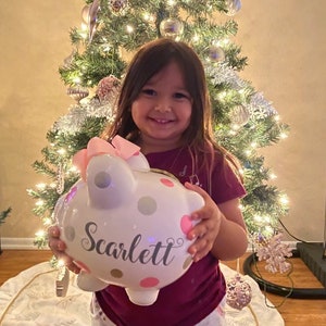 Personalized 9”Large Light Pink and glitter silver polka dot piggy bank,piggy bank for girls,piggy banks,piggy bank with bow