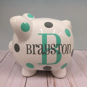 Personalized Piggy Bank: Large 9”Ceramic piggy bank ,Navy and ice Blue Polka Dots or choose colors, piggy bank for boys, Charlie font image 6