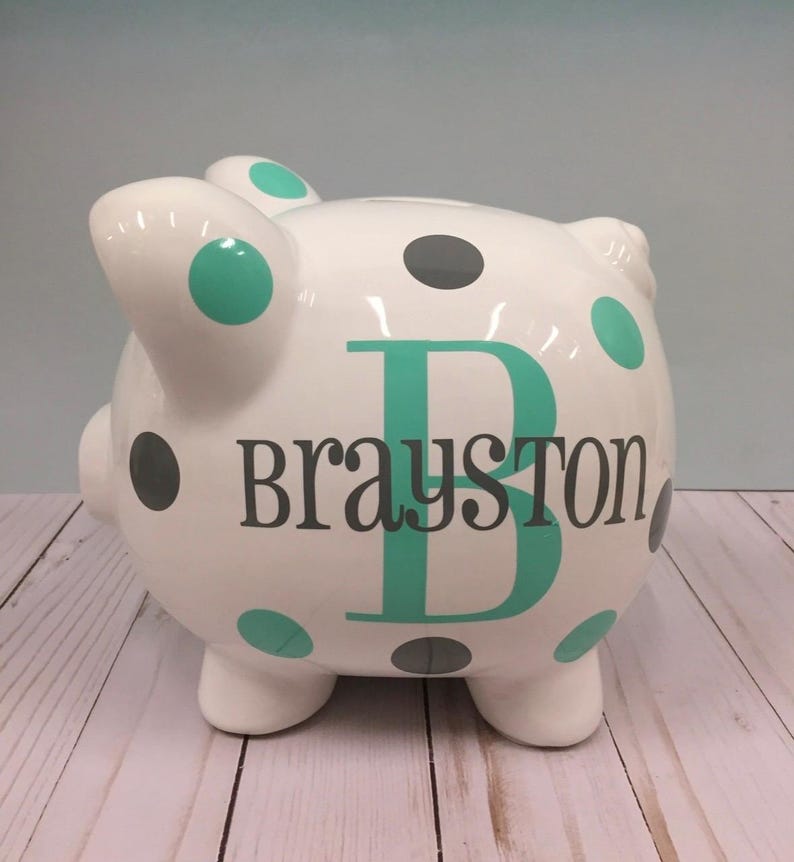 Personalized Piggy Bank: Large 9”Ceramic piggy bank ,Navy and ice Blue Polka Dots or choose colors, piggy bank for boys, Charlie font image 6