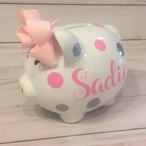Personalized Large Light Pink and glitter silver polka dot piggy bank,piggy bank for girls,baby’s first bank,piggy bank, piggy bank with bow