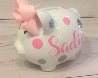 Personalized Large Light Pink and glitter silver polka dot piggy bank,piggy bank for girls,baby’s first bank,piggy bank, piggy bank with bow