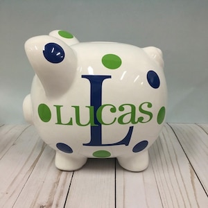 Personalized Piggy Bank: Large 9”Ceramic piggy bank ,Navy and ice Blue Polka Dots or choose colors, piggy bank for boys, Charlie font image 9