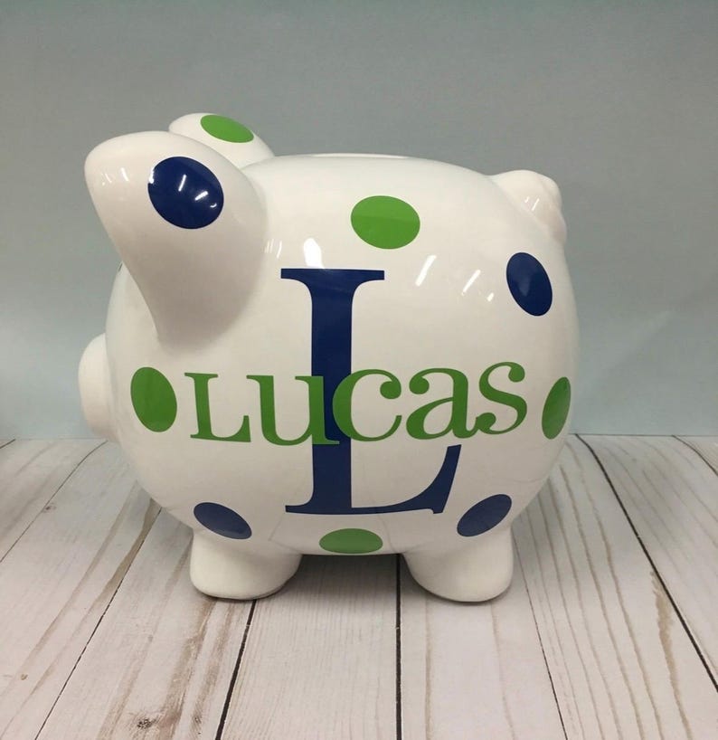Personalized Piggy Bank: Large 9”Ceramic piggy bank ,Navy and ice Blue Polka Dots or choose colors, piggy bank for boys, Charlie font image 9
