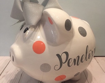 Personalized Large Coral and glitter silver polka dot piggy bank,piggy bank for girls,baby’s first bank,piggy banks,piggy bank with bow