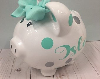 Personalized  piggy bank-Piggy Bank-piggy bank for girls-Large Piggy Bank- Girls Piggy Bank -personalized baby gift-Piggy bank with bow