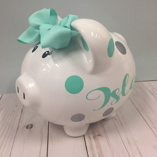 Personalized  piggy bank-Piggy Bank-piggy bank for girls-Large Piggy Bank- Girls Piggy Bank -personalized baby gift-Piggy bank with bow