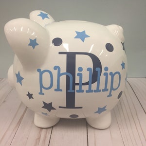 Piggy Bank- Personalized Piggy Bank-large piggy bank-Piggy Bank for boys- piggy bank boys- stars and dots piggy bank,Charlie font