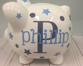 Piggy Bank- Personalized Piggy Bank-large piggy bank-Piggy Bank for boys- piggy bank boys- stars and dots piggy bank,Charlie font