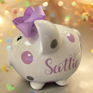 Personalized Medium 7.5”Lilac and silver sparkle polka dot piggy bank,piggy bank for girls,baby’s first bank,piggy bank, piggy bank with bow