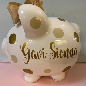 Personalized Large piggy bank Gold and Beige dot piggy bank,piggy bank for girls,,piggy banks,piggy bank with bow