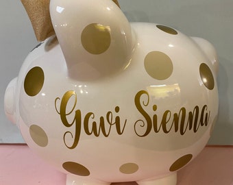 Personalized Large piggy bank Gold and Beige dot piggy bank,piggy bank for girls,,piggy banks,piggy bank with bow