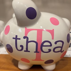 Personalized Piggy Bank: Large 9”Ceramic piggy bank ,Navy and ice Blue Polka Dots or choose colors, piggy bank for boys, Charlie font image 4