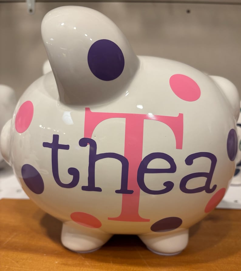 Personalized Piggy Bank: Large 9”Ceramic piggy bank ,Navy and ice Blue Polka Dots or choose colors, piggy bank for boys, Charlie font image 4