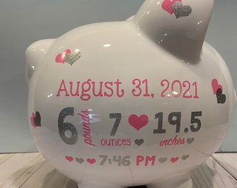 Personalized large piggy bank-Piggy bank for boys-Piggy bank for girls-Piggy bank -Custom piggy bank-Piggy bank Birth Stats