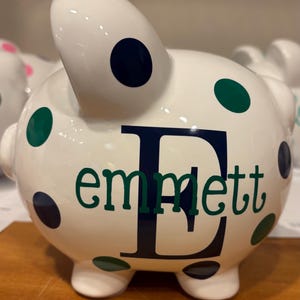 Personalized Piggy Bank: Large 9”Ceramic piggy bank ,Navy and ice Blue Polka Dots or choose colors, piggy bank for boys, Charlie font image 5