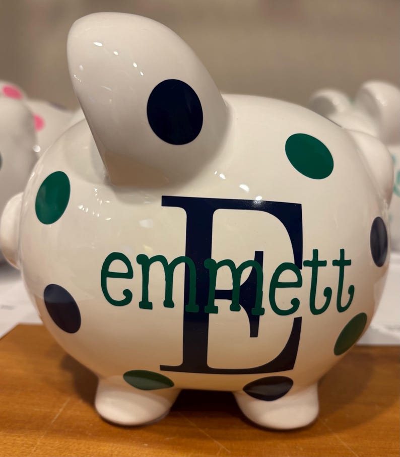 Personalized Piggy Bank: Large 9”Ceramic piggy bank ,Navy and ice Blue Polka Dots or choose colors, piggy bank for boys, Charlie font image 5
