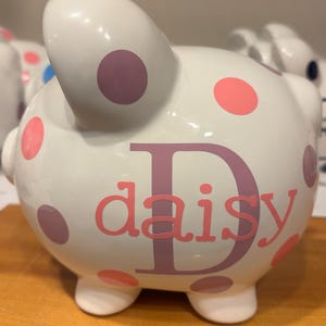 Personalized Piggy Bank: Large 9”Ceramic piggy bank ,Navy and ice Blue Polka Dots or choose colors, piggy bank for boys, Charlie font image 3