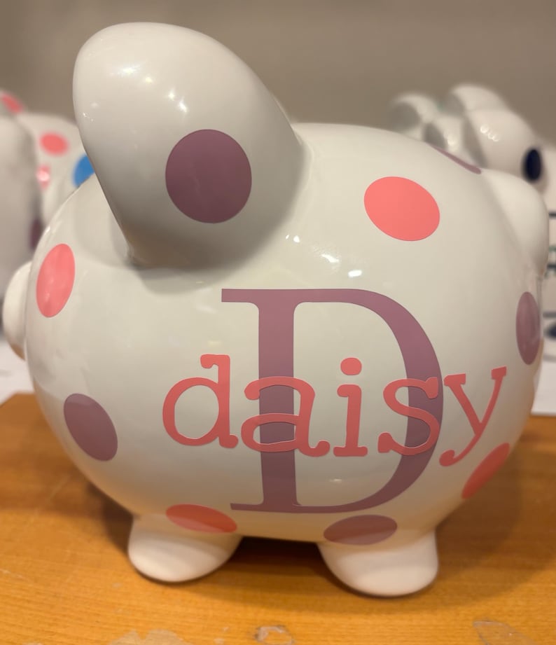 Personalized Piggy Bank: Large 9”Ceramic piggy bank ,Navy and ice Blue Polka Dots or choose colors, piggy bank for boys, Charlie font image 3