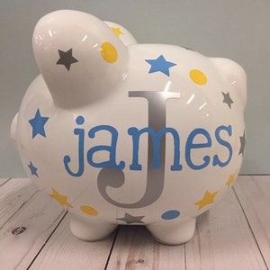 Piggy Bank- Personalized Piggy Bank-large piggy bank-Piggy Bank for boys- piggy bank boys- stars and dots piggy bank,Charlie font