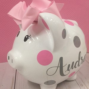 Personalized 9”Large piggy bank Light Pink and glitter silver polka dot piggy bank,piggy bank for girls,,piggy banks,piggy bank with bow