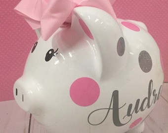 Personalized 9”Large piggy bank Light Pink and glitter silver polka dot piggy bank,piggy bank for girls,,piggy banks,piggy bank with bow