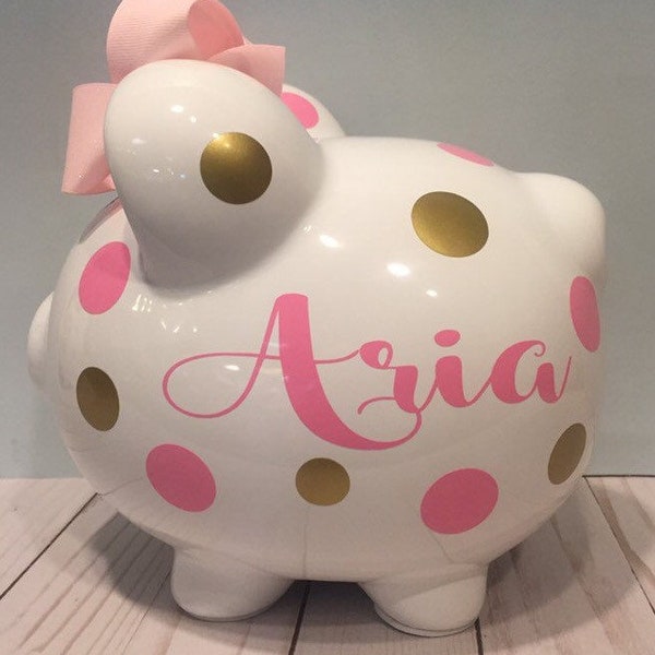 Personalized Polka Dot Piggy Bank: Light Pink & Gold, Baby's First Bank