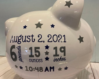 Personalized large 9" piggy bank-Piggy bank for boys-Piggy bank for girls-Piggy bank -Custom piggy bank-Piggy bank Birth Stats