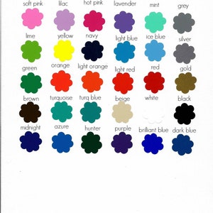 May include: A LaTiDaGifts colour chart displaying a range of hues. Each colour is shown as a flower shape with the colour name above. Colours include soft pink, lilac, hot pink, lavender, mint, grey, and others.