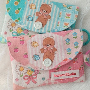 Teddy Bear Handmade Linen Card Wallet – Key Ring Pouch, Small Gift Idea