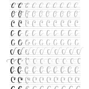 Puede incluir: Una hoja de trabajo con 10 formas diferentes de escribir a mano la letra min&uacute;scula 'c'. La hoja de trabajo incluye una cuadr&iacute;cula con ejemplos de cada estilo de letra. El texto 'The pigeon letters' est&aacute; en la parte inferior de la hoja de trabajo.