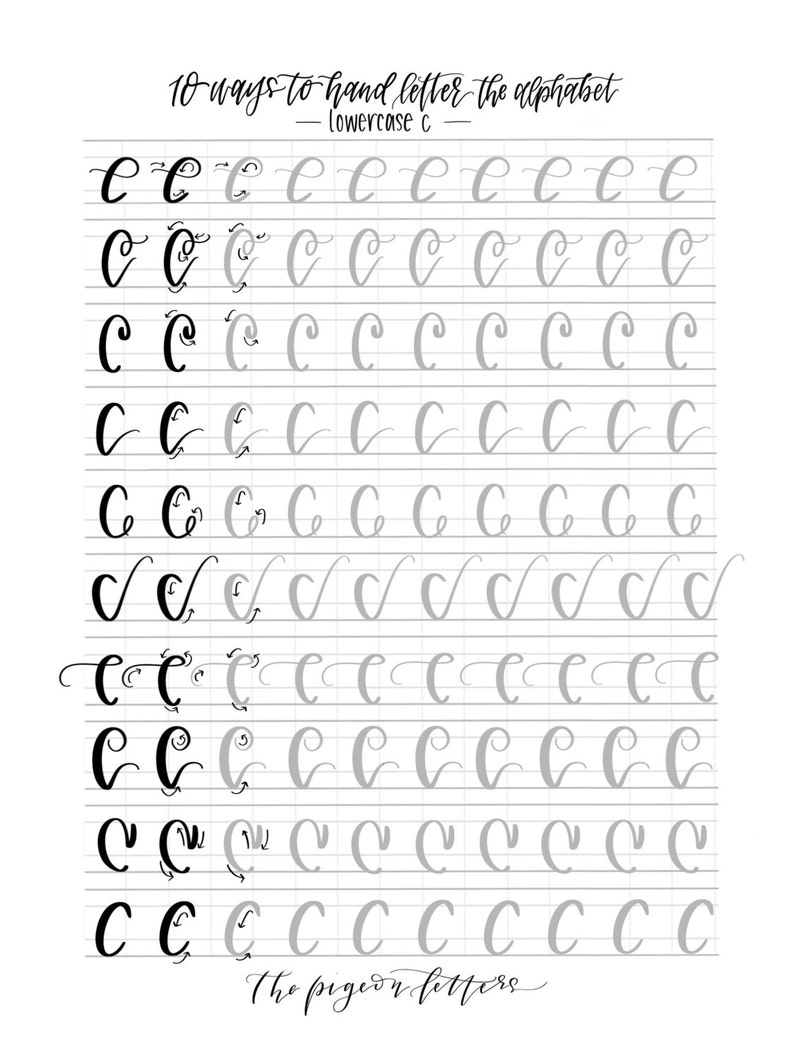Puede incluir: Una hoja de trabajo con 10 formas diferentes de escribir a mano la letra min&uacute;scula 'c'. La hoja de trabajo incluye una cuadr&iacute;cula con ejemplos de cada estilo de letra. El texto 'The pigeon letters' est&aacute; en la parte inferior de la hoja de trabajo.