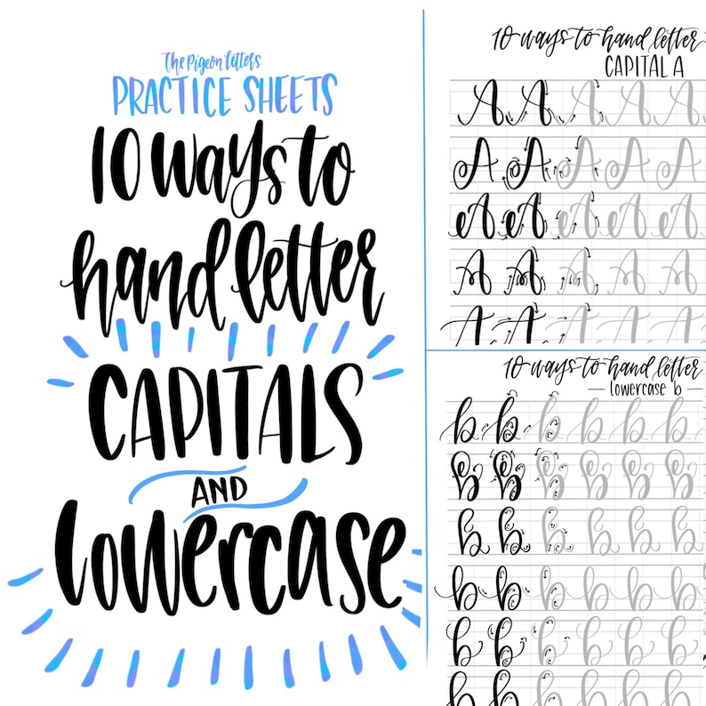 May include: Practice sheet with 10 ways to hand letter capital and lowercase letters. The sheet includes examples of different styles of lettering for the letters A and b.