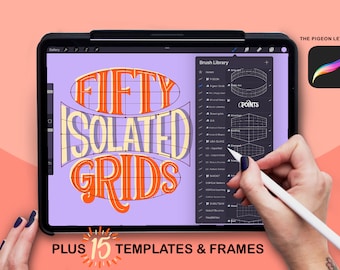 Puede incluir: Una aplicación de ilustración digital en la pantalla de un iPad que muestra un diseño cuadriculado de las palabras "FIFTY ISOLATED GRIDS" con un lápiz óptico que se desplaza sobre la pantalla. La biblioteca de pinceles de la aplicación es visible en el lado derecho de la pantalla. El texto "PLUS 15 TEMPLATES & FRAMES" se muestra debajo de la pantalla del iPad.