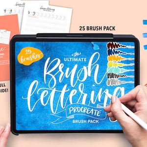 May include: A digital illustration of a blue background with the text "The Ultimate Brush Lettering Procreate Brush Pack" in white. The image shows 25 different brush strokes in various colors. The image is displayed on a tablet screen.