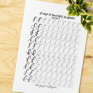 Puede incluir: Una hoja de trabajo imprimible con 10 formas diferentes de escribir a mano la letra min&uacute;scula "f" en cursiva. La hoja de trabajo incluye el texto "10 formas de escribir el alfabeto a mano" y "Min&uacute;scula f".