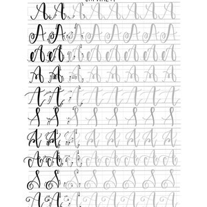 May include: A black and white image showing 10 different ways to hand letter the capital letter "A" in cursive. The image includes a grid pattern and the text "10 ways to hand letter the alphabet" and "CAPITAL A". The text "The pigeon letters" is at the bottom of the image.