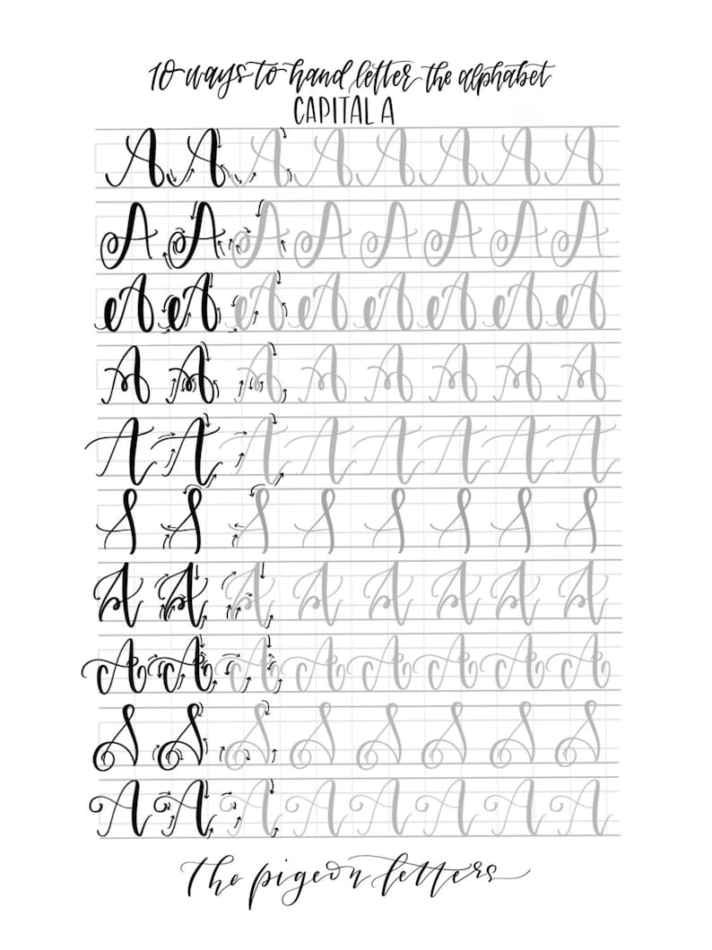 May include: A black and white image showing 10 different ways to hand letter the capital letter "A" in cursive. The image includes a grid pattern and the text "10 ways to hand letter the alphabet" and "CAPITAL A". The text "The pigeon letters" is at the bottom of the image.