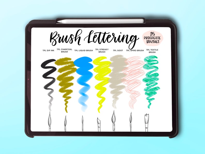 Puede incluir: La pantalla de una tableta digital que muestra una variedad de trazos de pincel creados con 25 pinceles de Procreate. Los trazos de pincel est&aacute;n etiquetados con sus nombres, como "Dip Ink", "Charcoal", "Liquid Brush", "Streaky", "Soot", "Spiro" y "Textile".